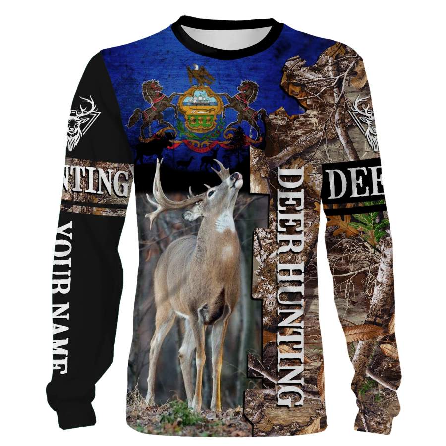 Deer hunting Pennsylvania Flag camo Custom Name 3D All over print Shirts, Face shield – personalized hunting gifts – FSD261