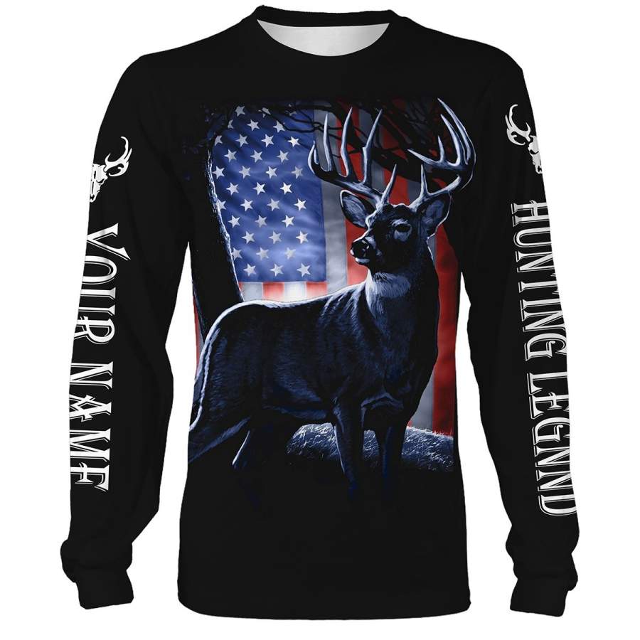 Deer Hunting Legend American Flag Patiotic Customize Name 3D All Over Printed Shirts Personalized gift For Hunting Lovers NQS698