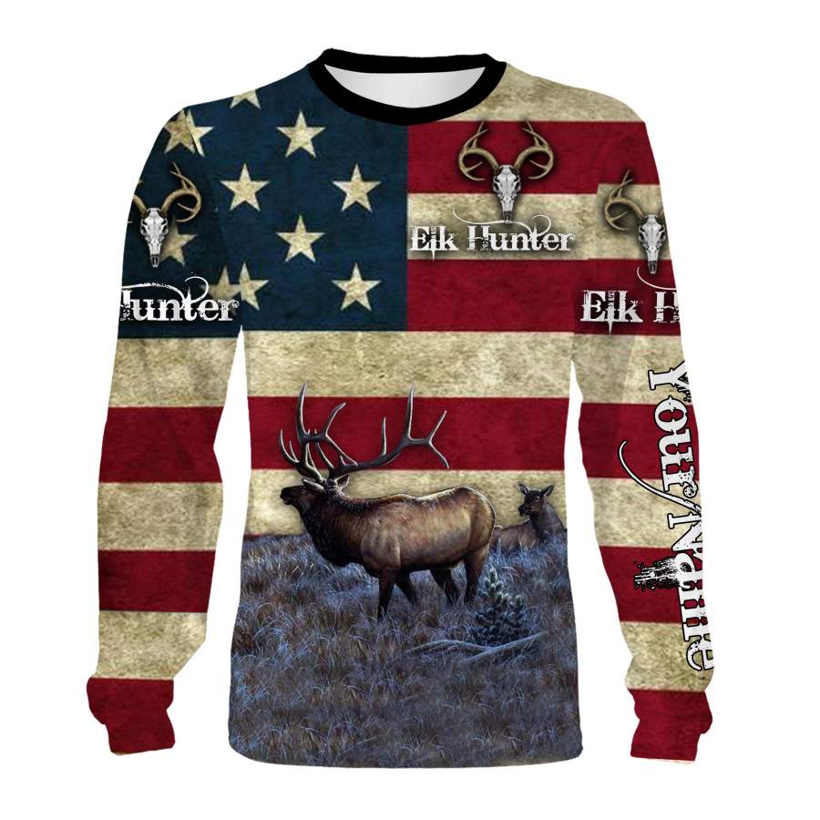 Elk hunting American Flag Custom Name 3D All over print Shirts – Personalized hunting gift – FSD177