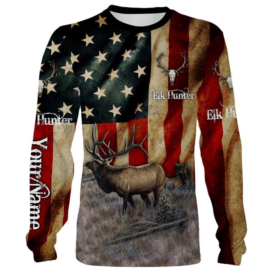 Elk hunting American Flag Custom Name 3D All over print Shirts – Personalized hunting gift – FSD175