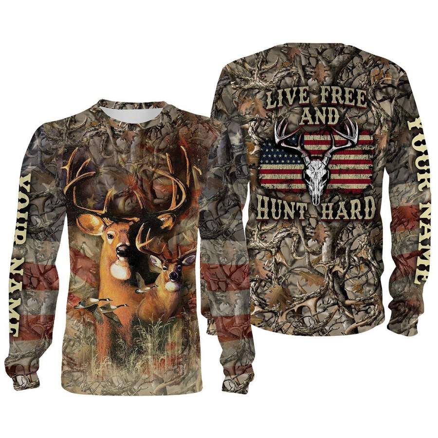 “Live Free and Hunt Hard” American Flag Custom Name 3D All over print Shirts – Personalized hunting gift – FSD174