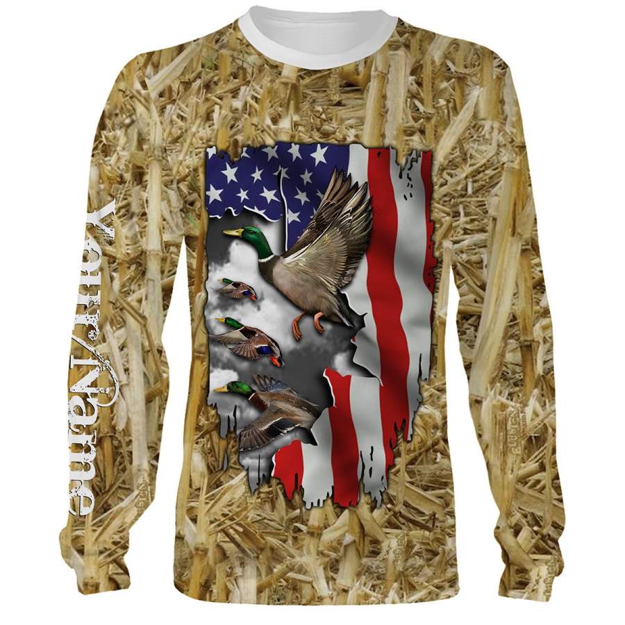 Duck hunting Camo American Flag Customize Name 3D All Over Printed Shirts Personalized gift For Hunter Duck Hunting Lovers NQS659