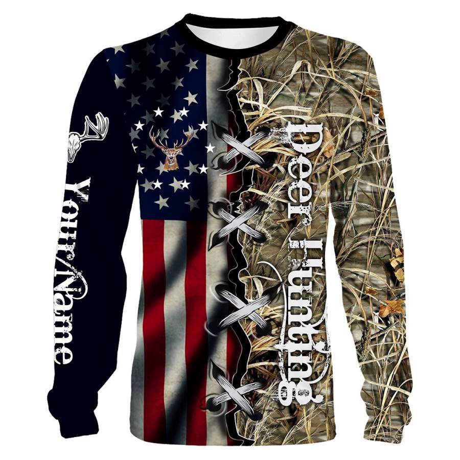 Deer Hunting American Flag Camo Custom Name All over print T-shirt, Long sleeves, Hoodie, Zip up hoodie, Tank top plus size – FSD72