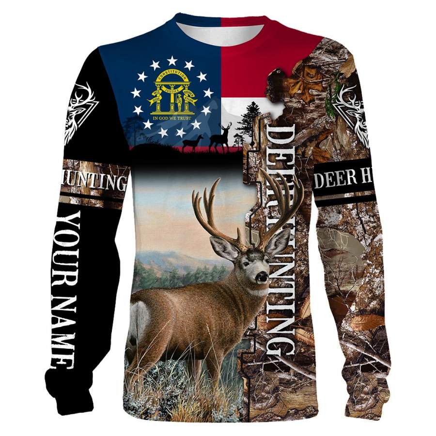 Deer Hunting Georgia Flag Custom name All over print long sleeves, T-shirts, Hoodie – FSD39