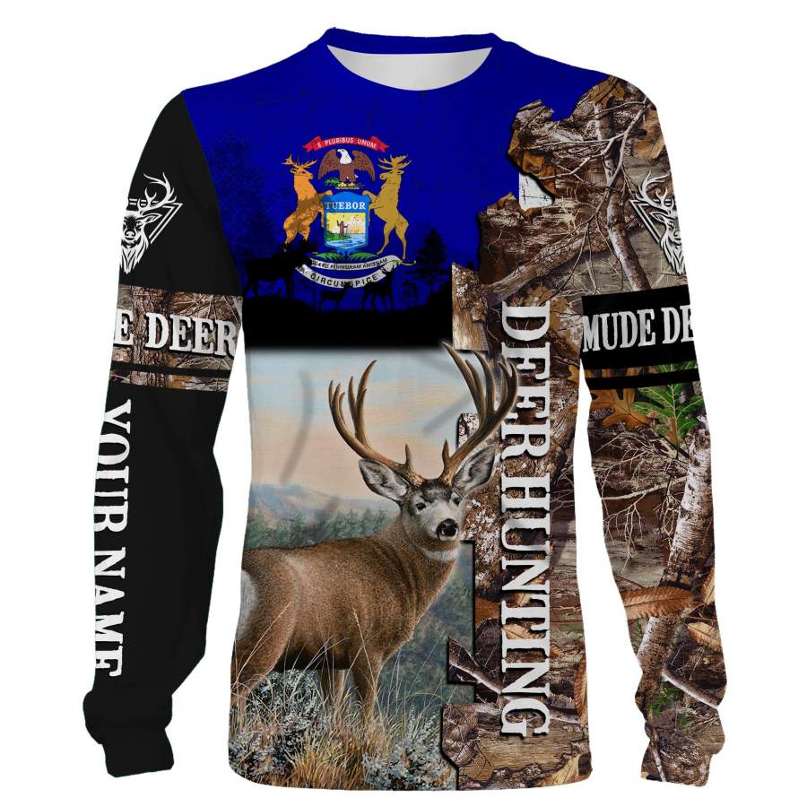 Deer Hunting Michigan Flag Custom name All over print long sleeves, T-shirts, Hoodie – FSD38