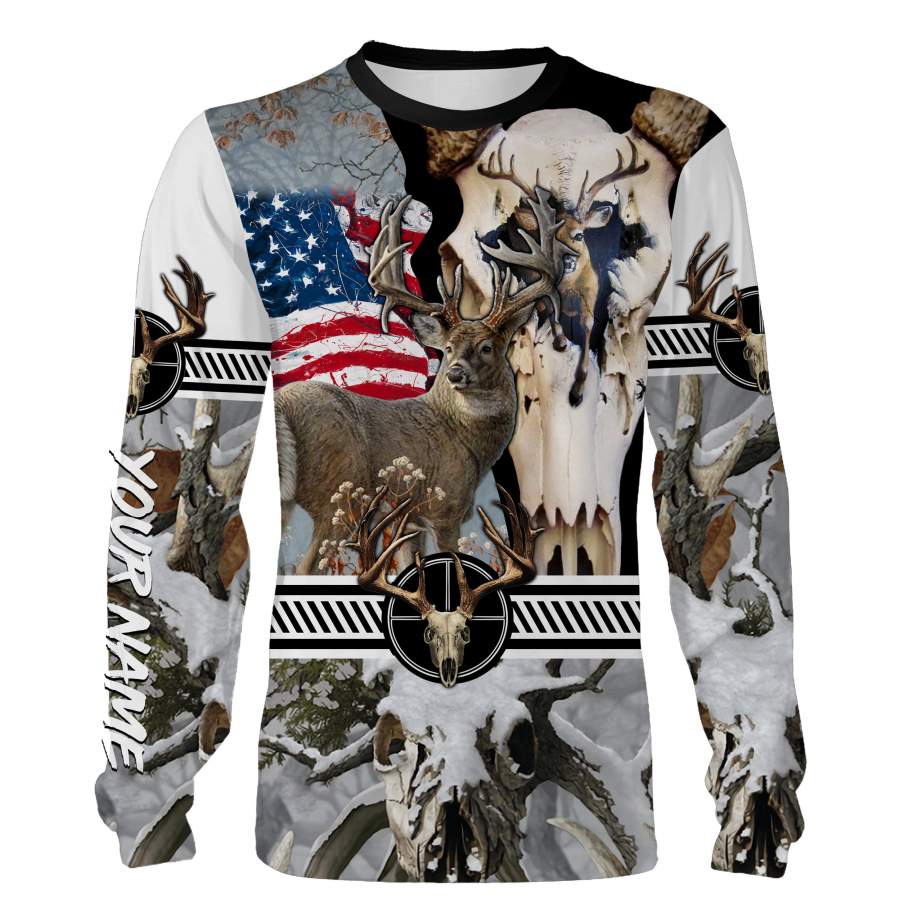 Deer Skull Hunting American Flag Camo Custom name All over print shirts – FSD24