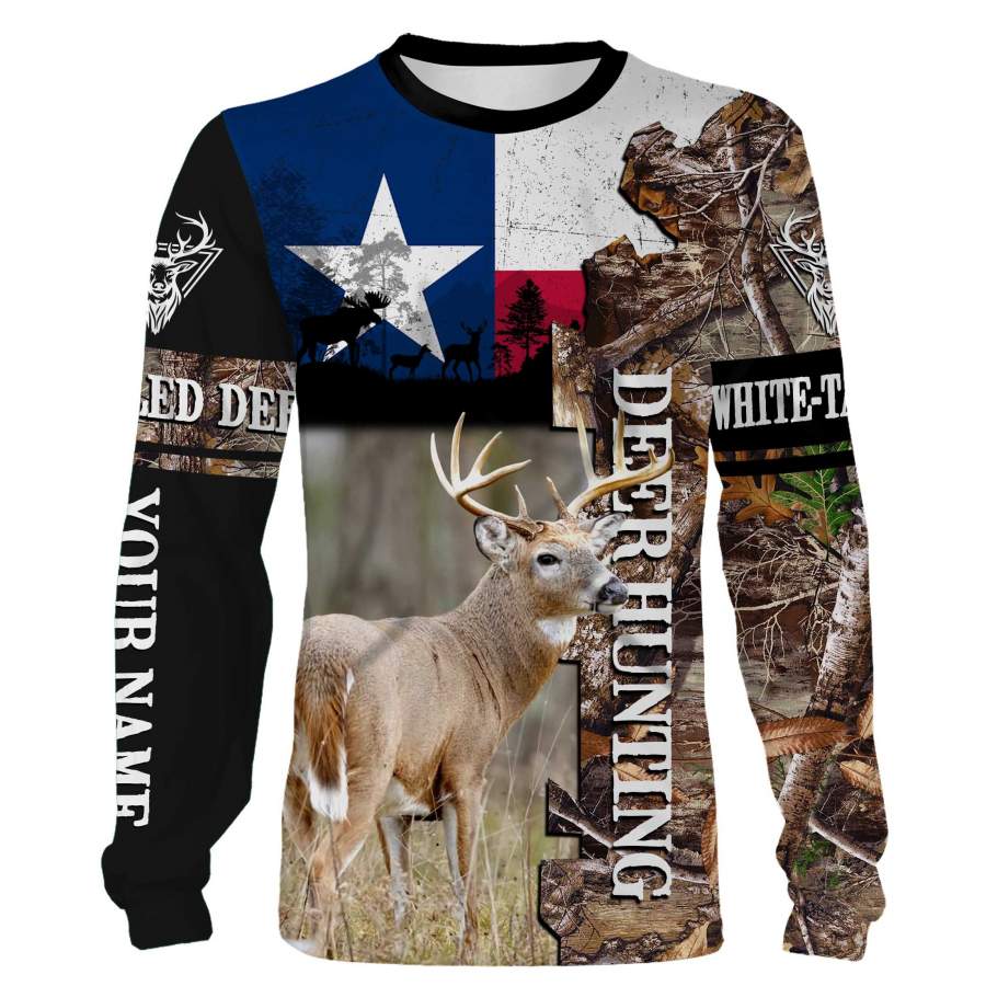 Best White-tailed Deer Hunting Texas Flag Custom name All over print long sleeves, T-shirts, Hoodie – FSD18