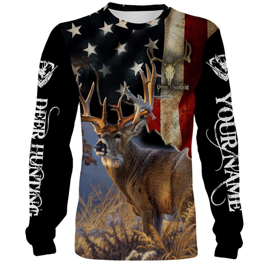 Deer Hunting US Flag Full Priting Custom Name Shirt Personalized Gift TATS107