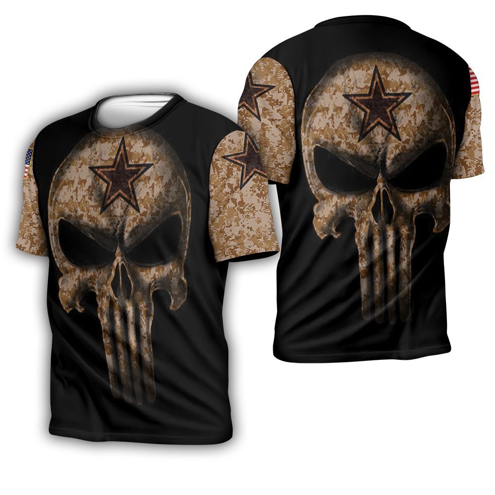 Camouflage Skull Dallas Cowboys American Flag 3D T-Shirt