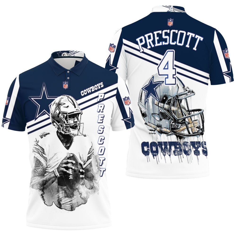 Dak Prescott 2 Dallas Cowboys Black & White 3D Polo Shirt