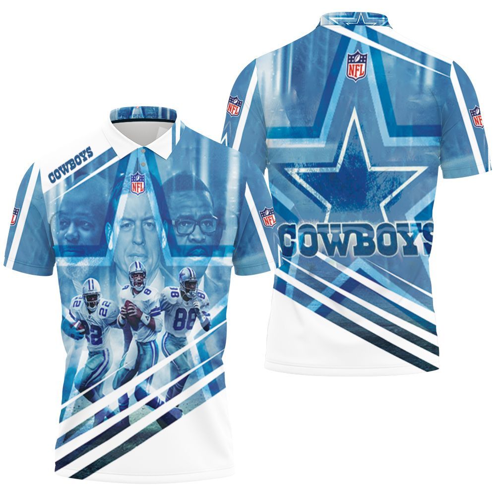 Dallas Cowboys Triplets Emmitt Smith 22 Troy Aikman 8 Michael Irvin 88 3D Polo Shirt