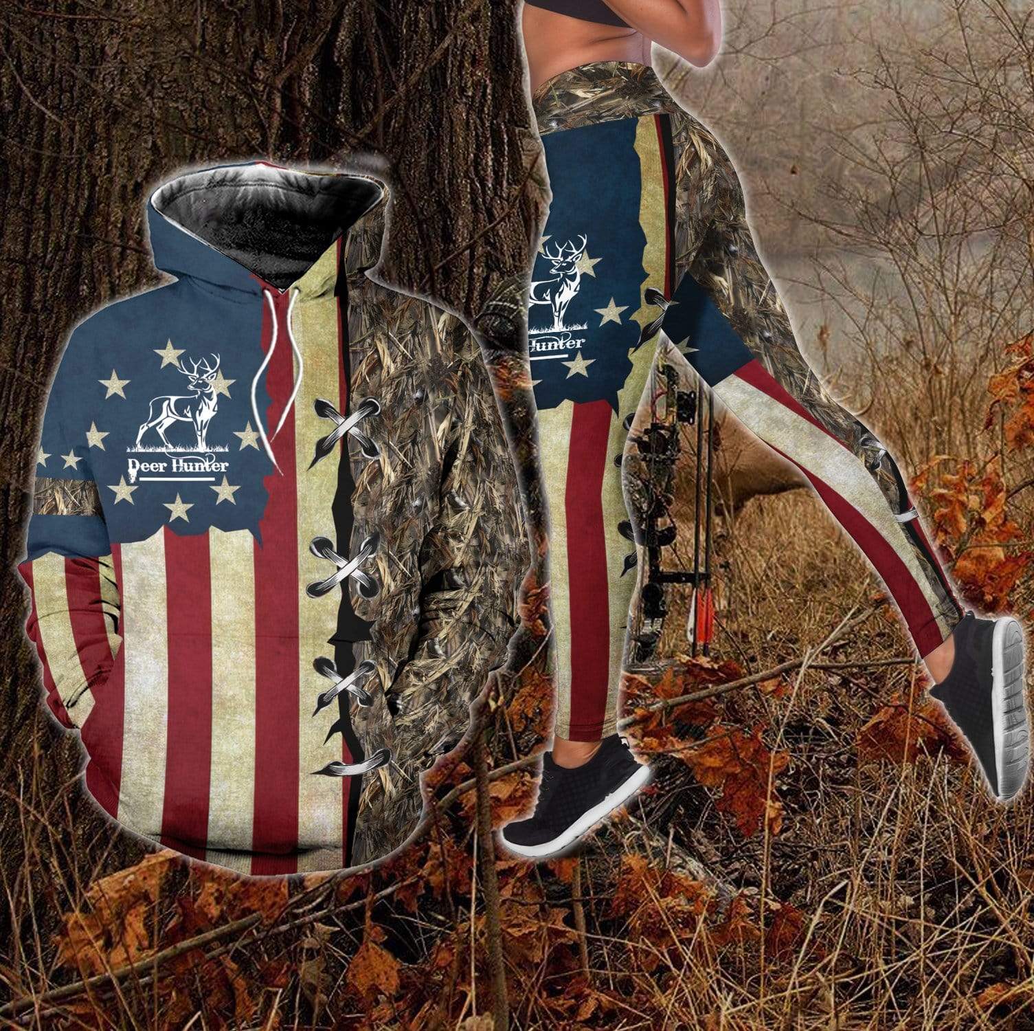 Deer Hunting American Flag Vintage Hoodie Or Legging #H