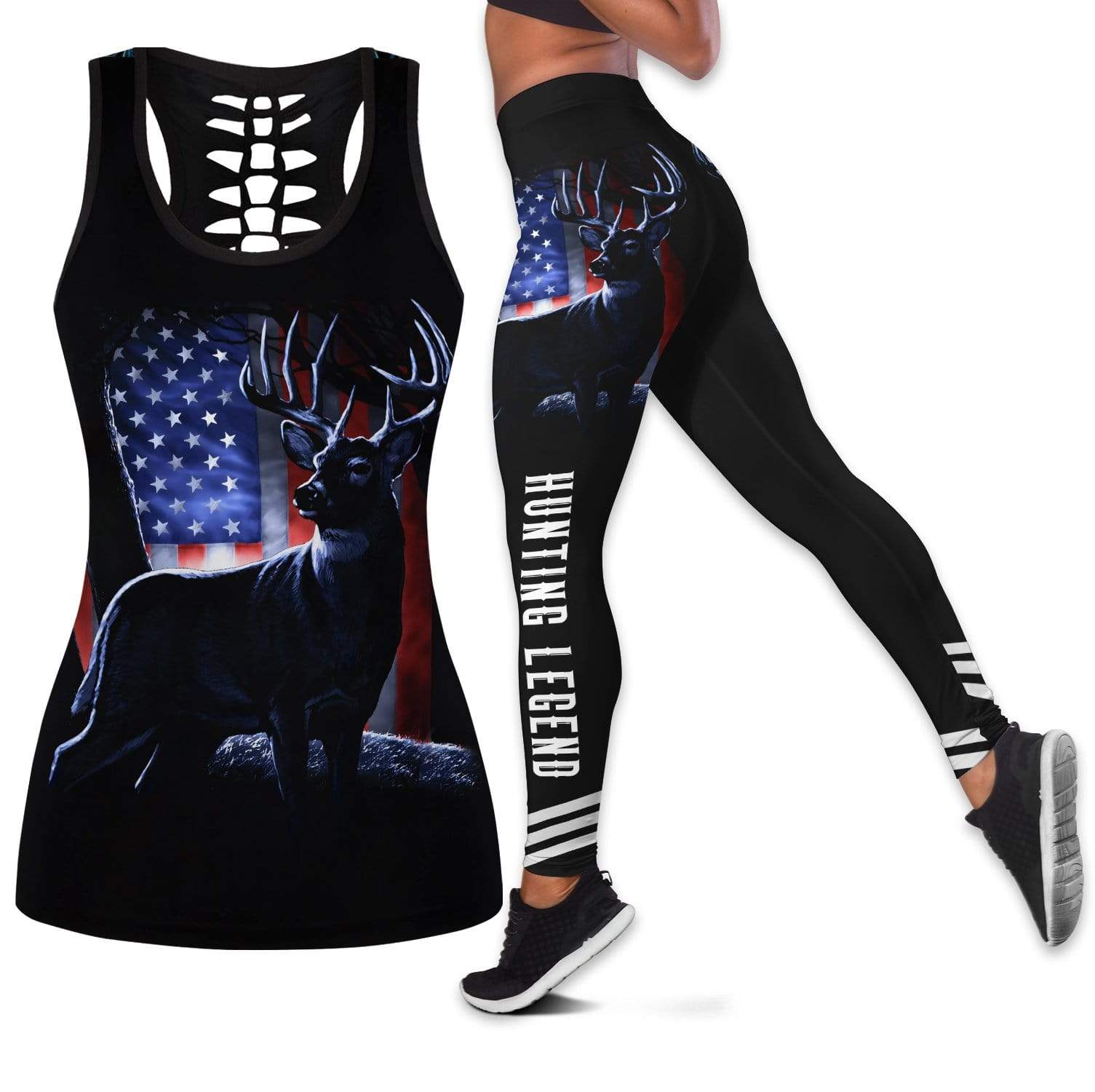 Amazing Deer Hunting Legend Flag Hollow Tank Top – Legging 3D