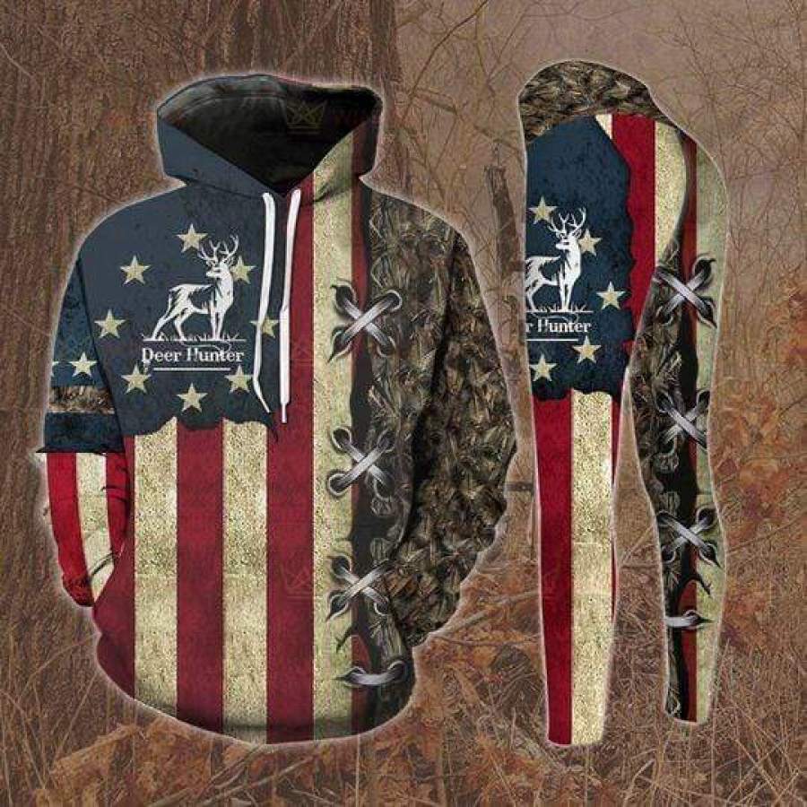 Deer Hunting American Flag Hoodie & Legging 3D All Over Print custom name #H