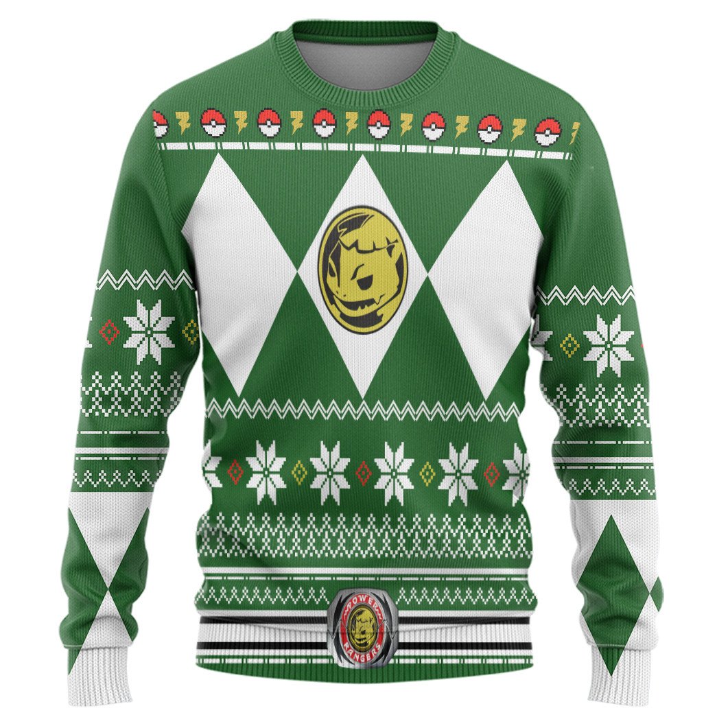 Gearhumans 3D Mighty Morphin Green Power Ranger X Pokemon Bulbasaur Custom Ugly Sweater