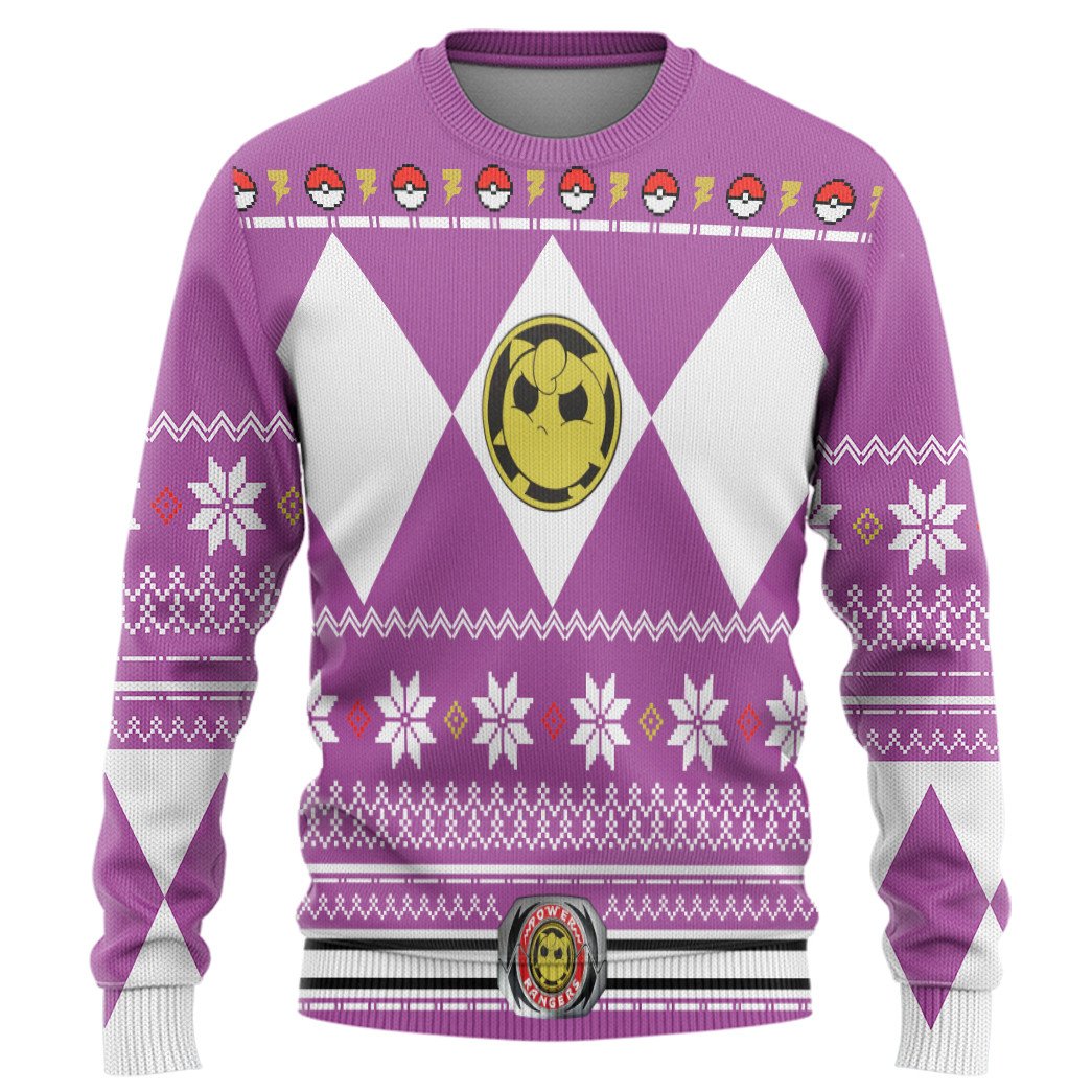 Gearhumans 3D Mighty Morphin Pink Power Ranger X Pokemon Jiggypuff Custom Ugly Sweater