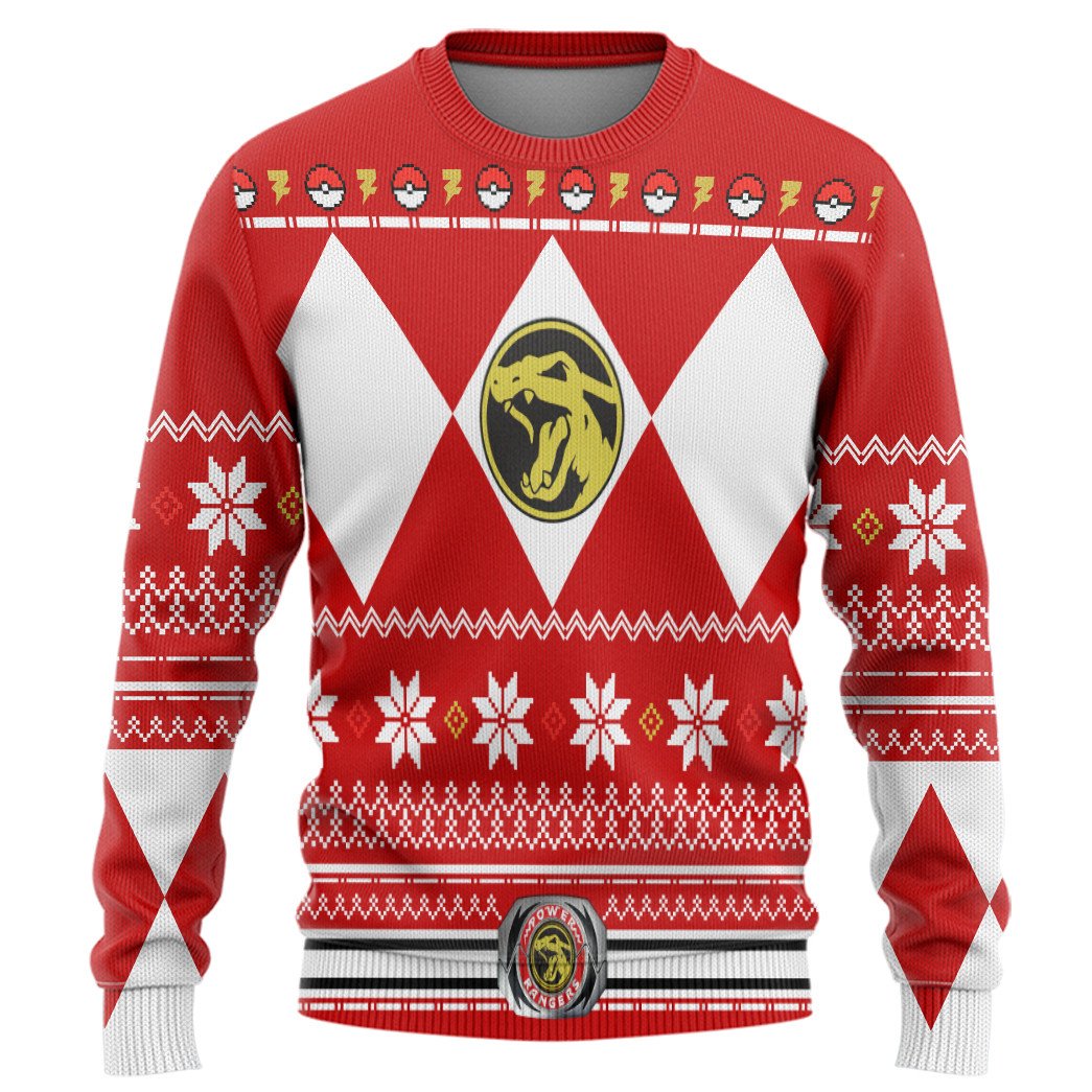 Gearhumans 3D Mighty Morphin Red Power Ranger X Pokemon Charizard Custom Ugly Sweater