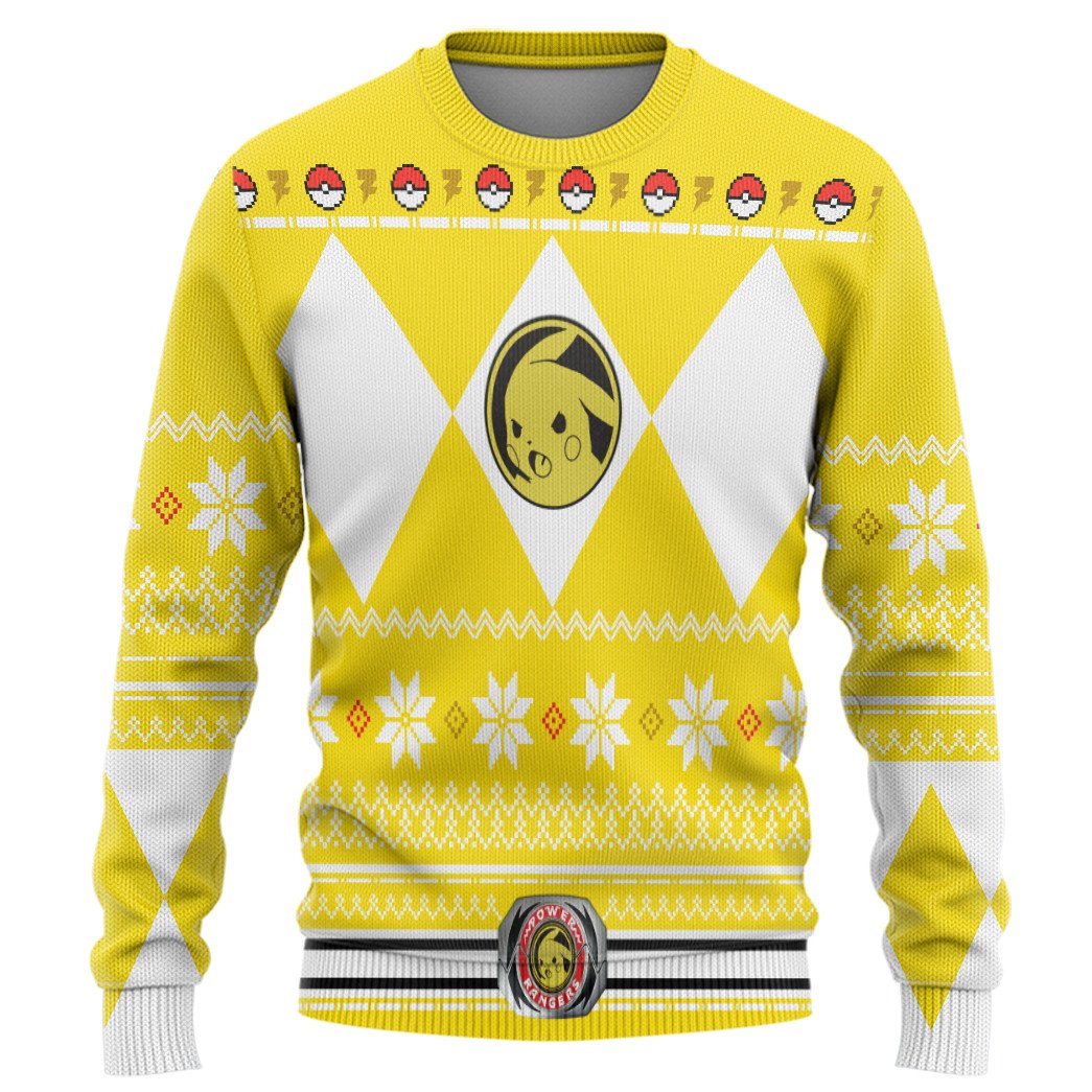 Gearhumans 3D Mighty Morphin Yellow Power Ranger X Pokemon Pikachu Custom Ugly Sweater