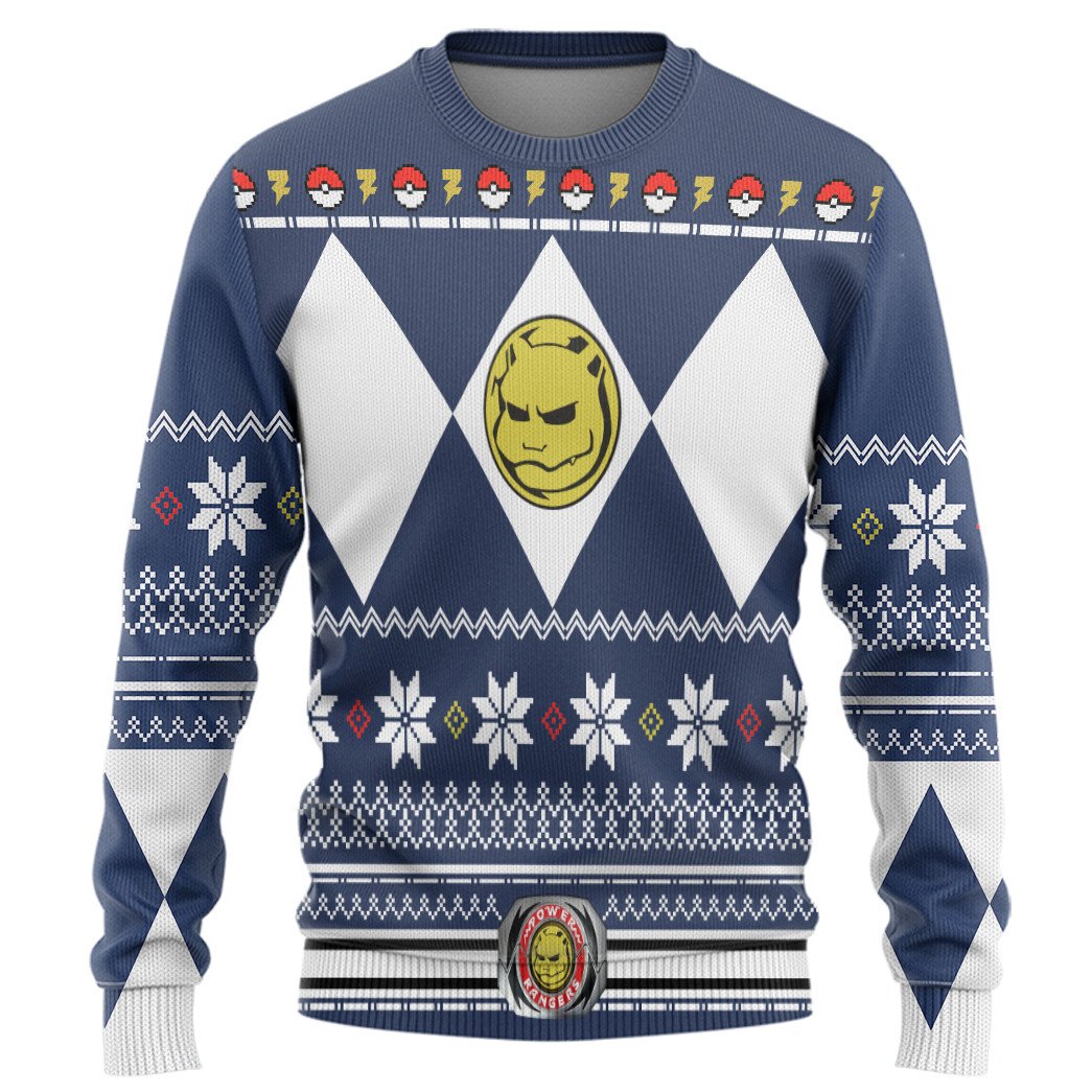 Gearhumans 3D Mighty Morphin Blue Power Ranger X Pokemon Blastoise Custom Ugly Sweater