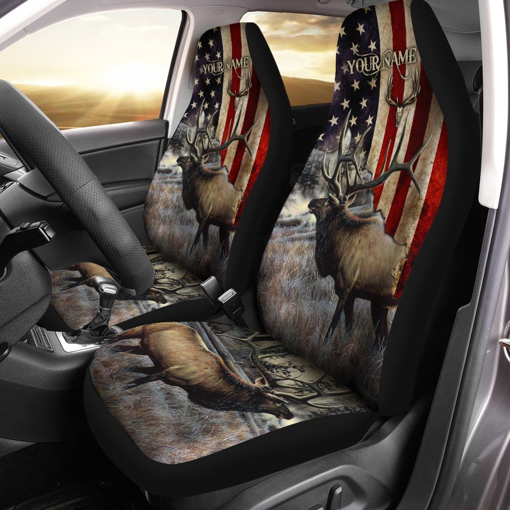 Elk Hunting American Flag Custom Name 3D All Over Print Seat Covers – Car Accessories Hunting Gifts Set Of 2 – Fsd1069