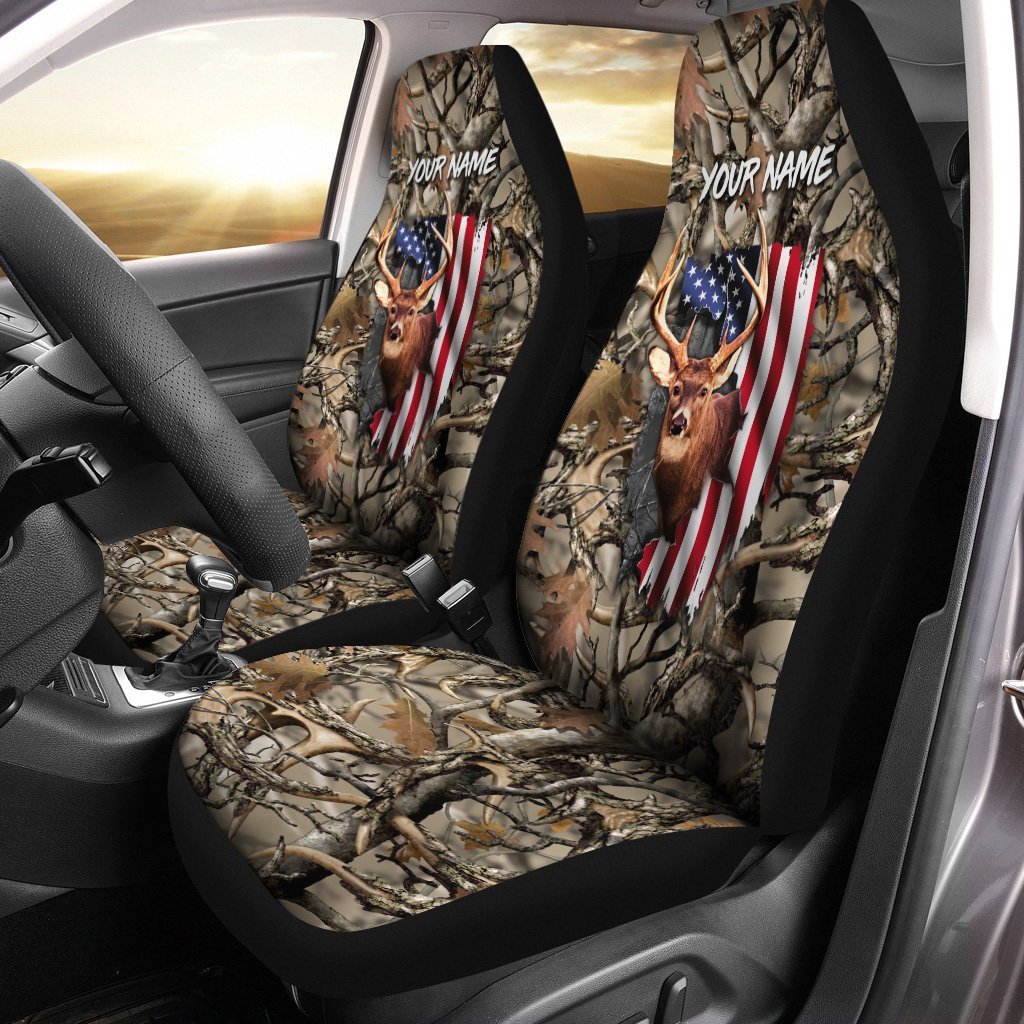 Deer Hunting Camo America Flag Customize 3D Printed Seat Covers, Perfect Car Accessories – Personalized Patriot Gift For Hunting Lovers Set Of 2 – Iph1632