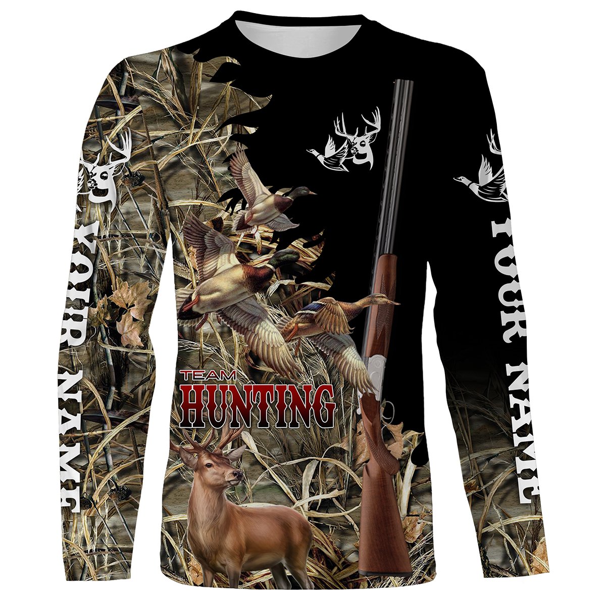 Deer And Duck Hunting Camo Shotgun Hunting Custom Name Full Printing Shirts, Personalized Hunting Gift Fsd2536