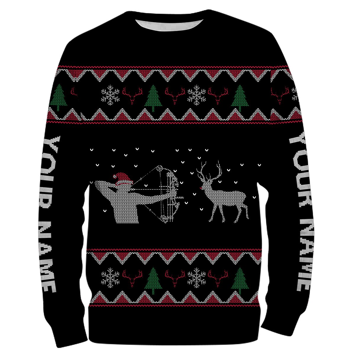 Funny Ugly Sweater Pattern Bow Hunter Deer Hunting Customized Name All Over Print Shirts, Christmas Shirt Ideas For Hunter – Nqs2469