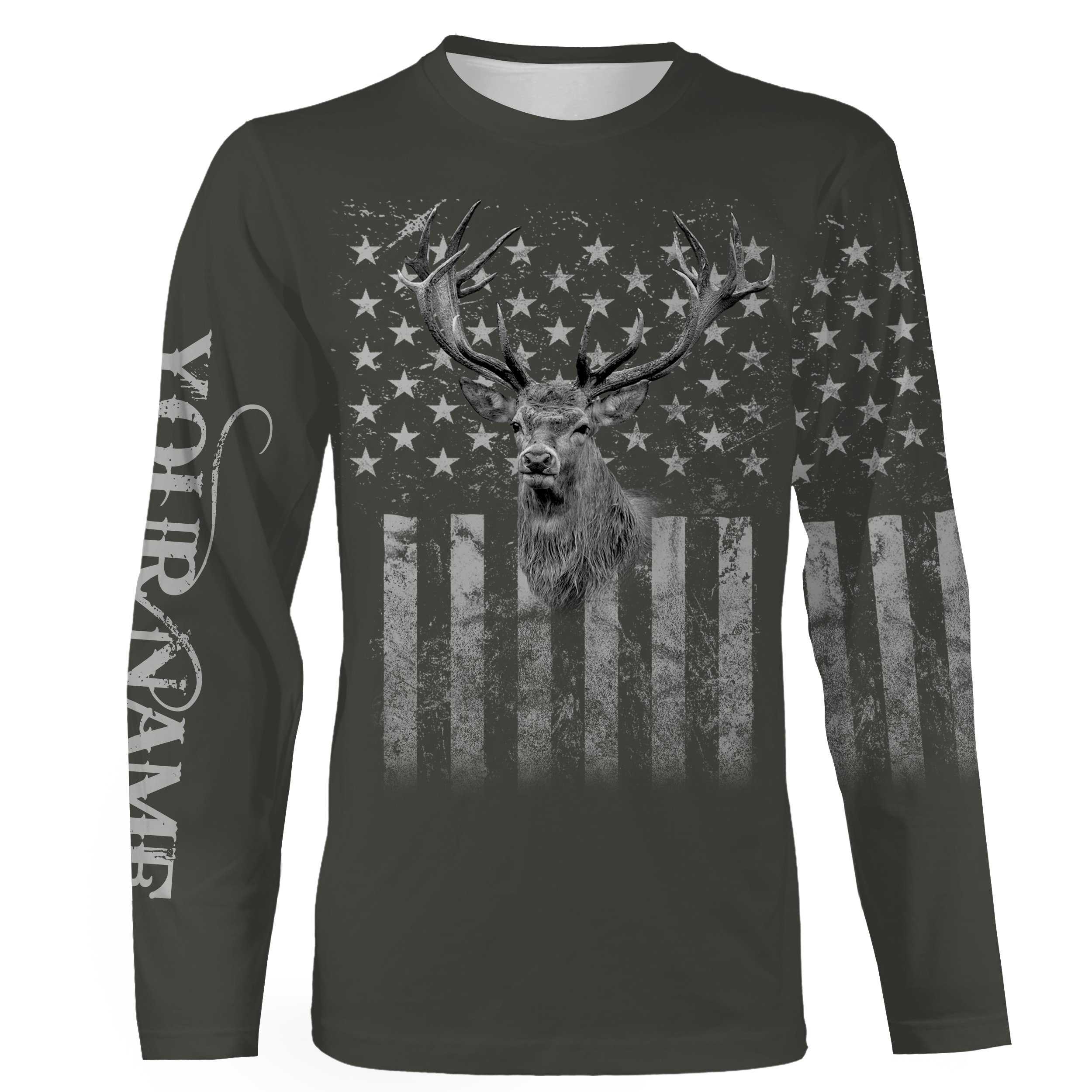 Deer Hunting Black And White American Flag Customized Name All Over Print Shirts, Patriotic Shirt Ideas For Hunter – Nqs2475