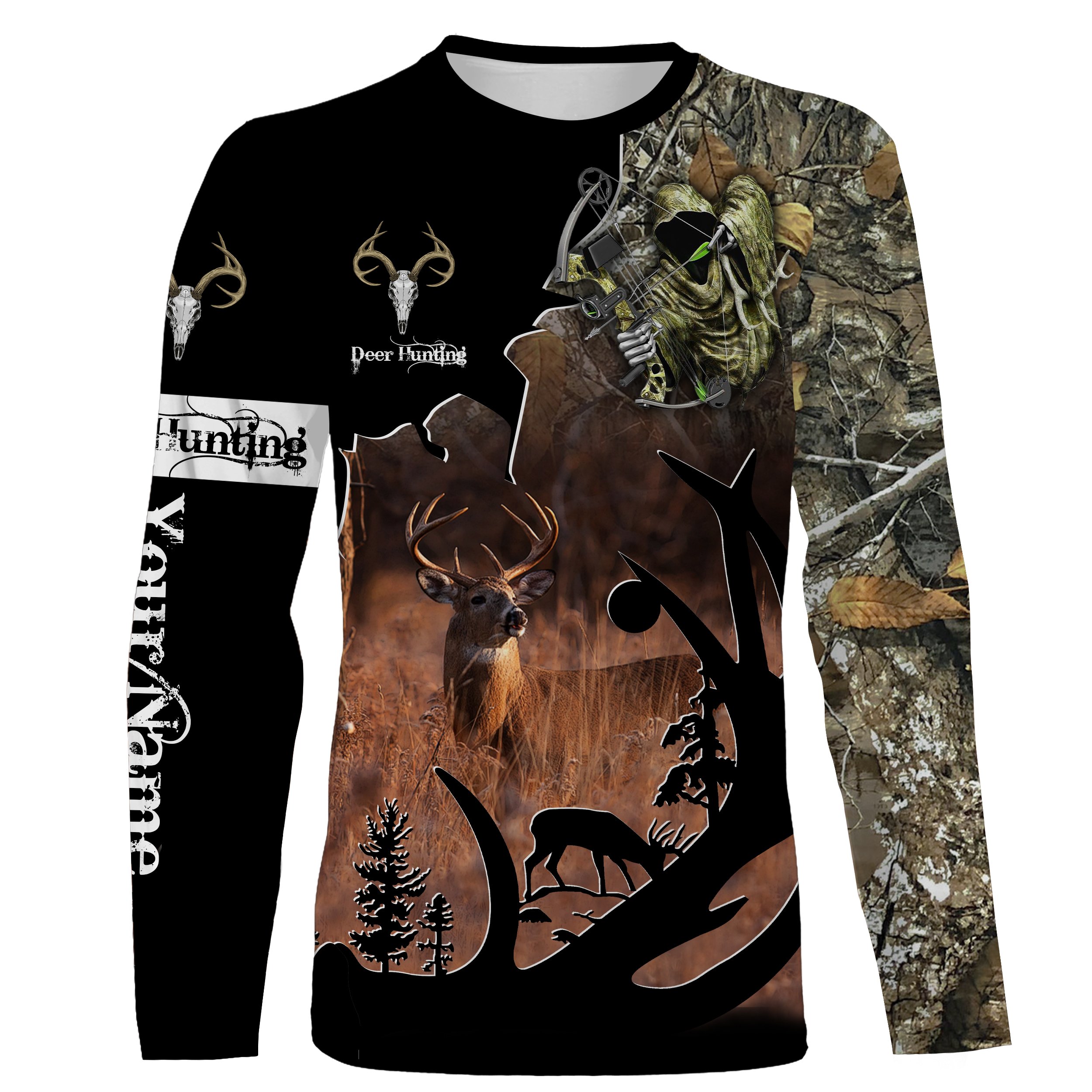 Deer Hunting Camo Bow Hunter Grim Reaper Custom Name 3D All Over Print Shirts, Personalized Deer Hunters Gifts Ttv05