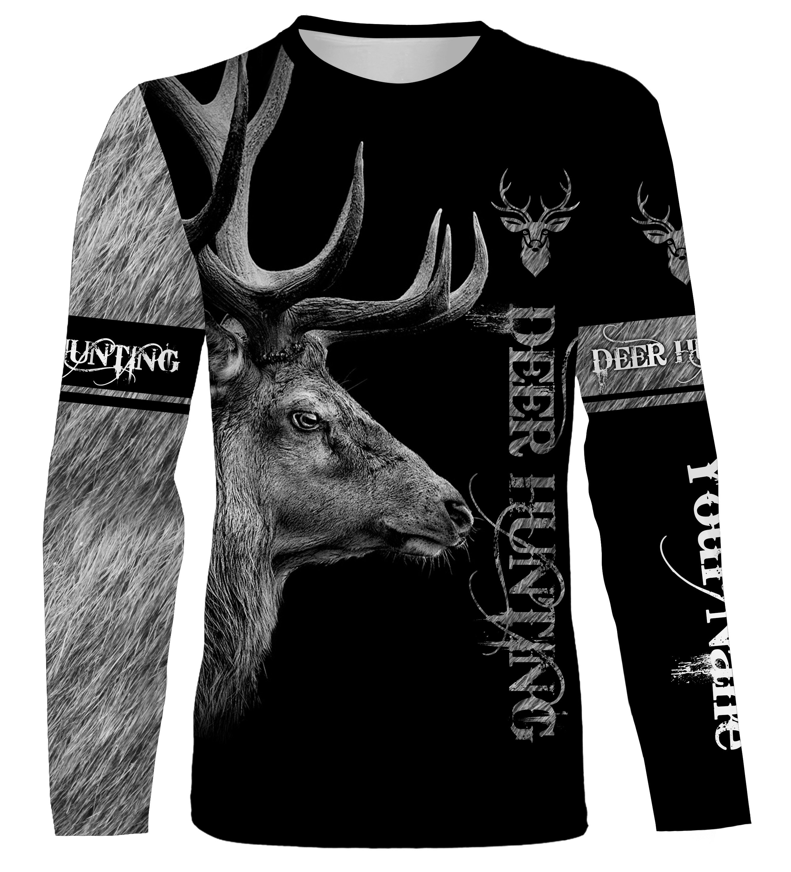 Deer Buck Black Shirt Camouflage Hunting Shirts Customized Name All Over Print Hunting Sweatshirt, Camo Shirt Mens – Nqs2486