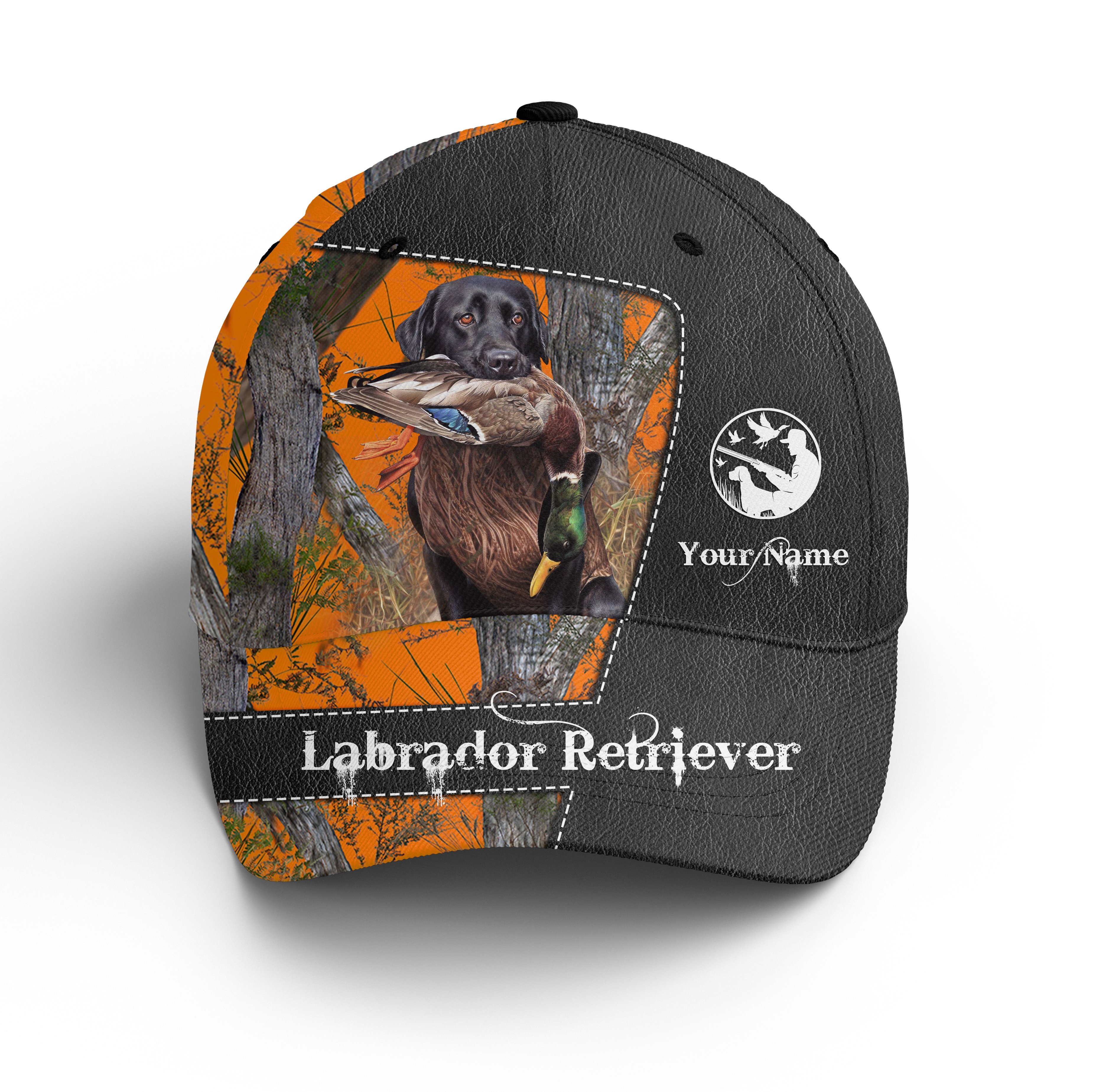 Duck Hunting With Labrador Retriever 3D Orange Camo Custom Hunting Hat Adjustable Mesh Unisex Hunting Baseball Hat Nqs2457