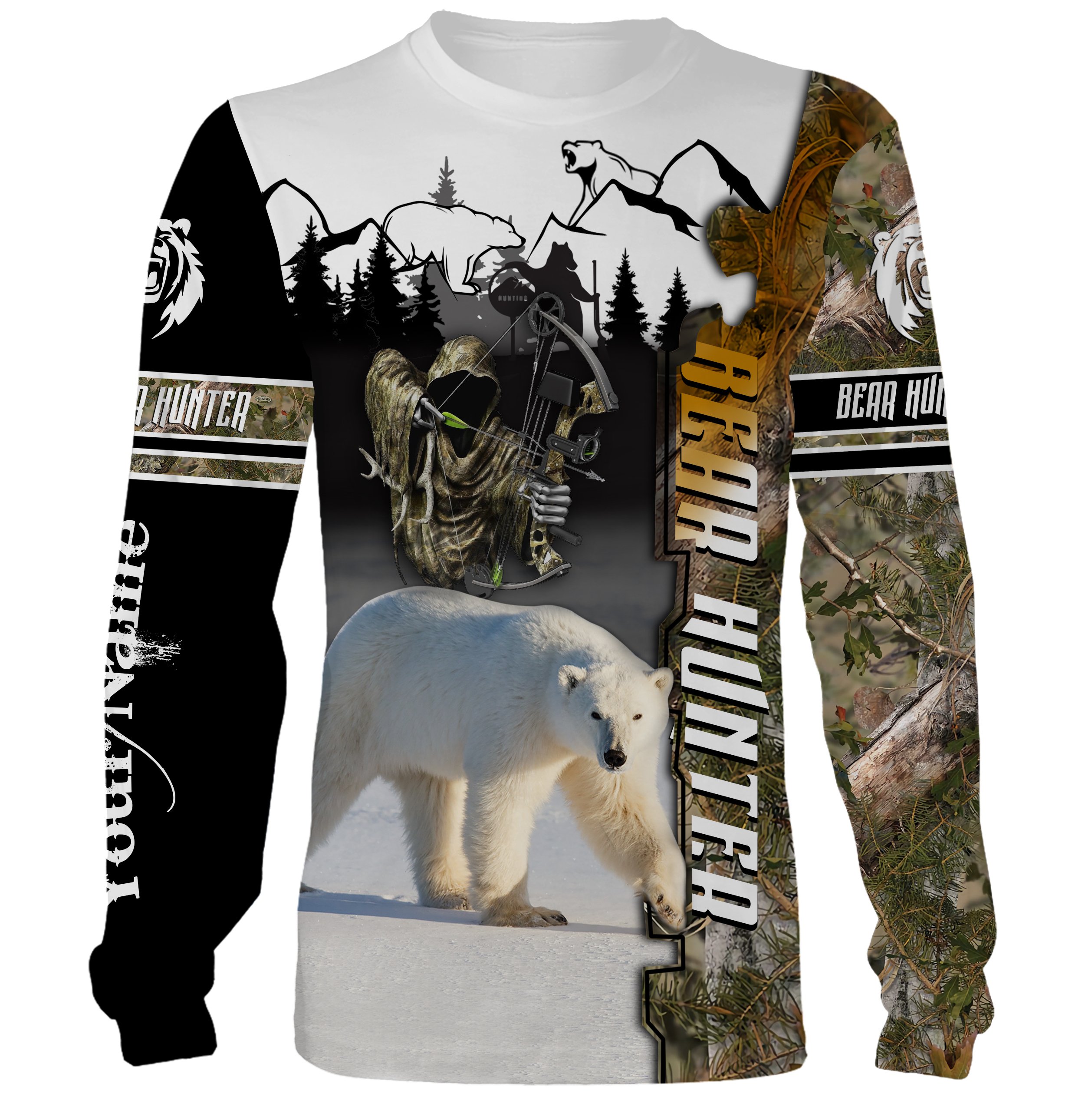 Bowhunting Polar Bear Custom Name 3D All Over Print Sweatshirt, T-Shirt, Long Sleeves, Hoodie – Personalized Hunting Gift For Bear Hunters – Fsd558