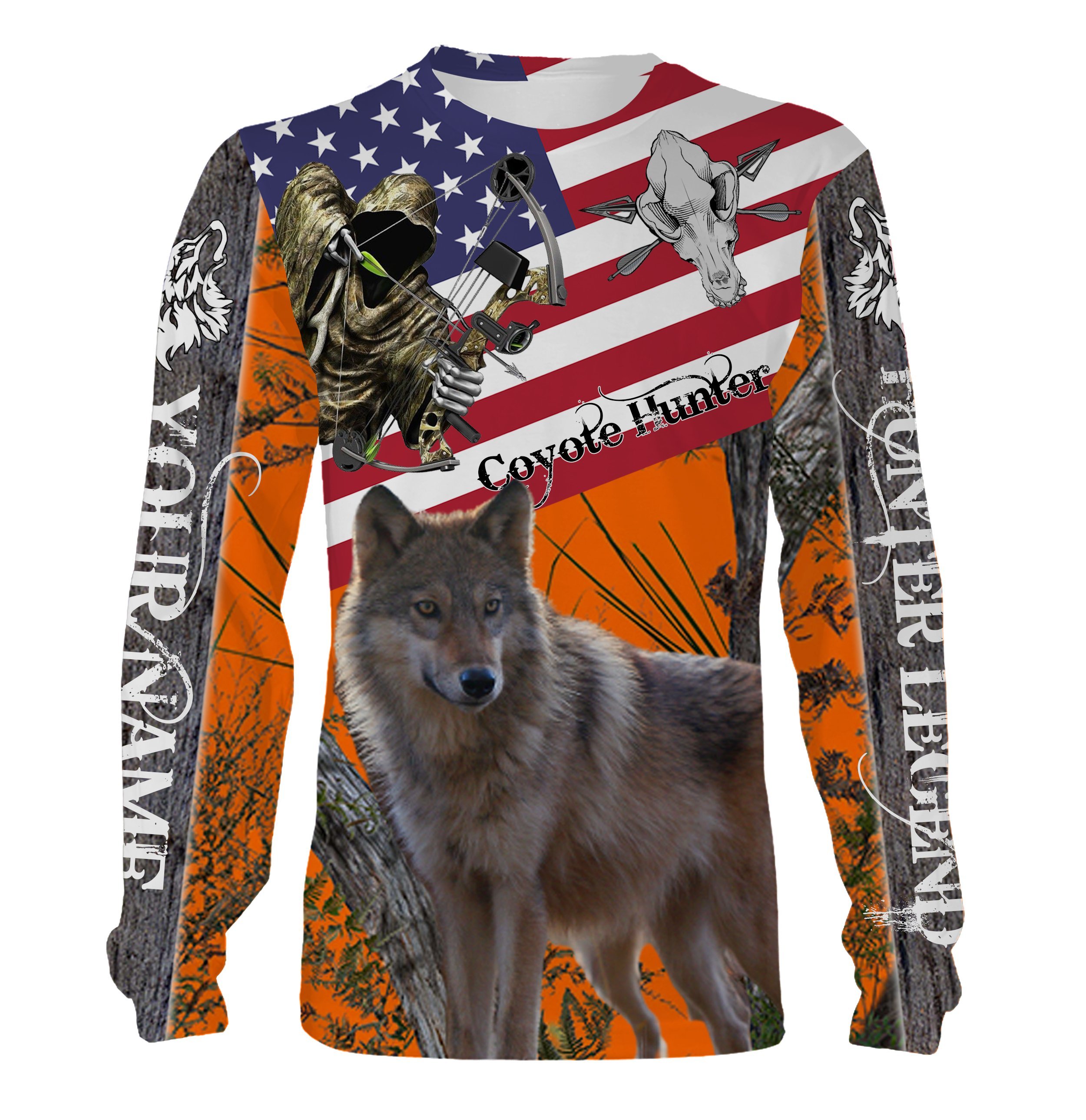 Coyote Hunting Us Flag Orange Camo Custom Name 3D All Over Print Shirt – Personalized Hunting Gift For Hunter – Fsd708