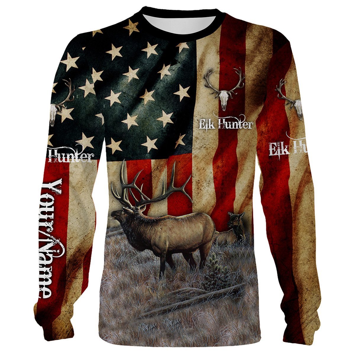 Elk Hunting American Flag Custom Name 3D All Over Print Shirts – Personalized Hunting Gift – Fsd175