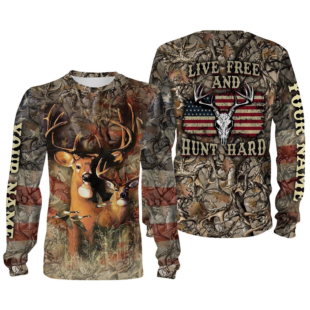 “Live Free And Hunt Hard” American Flag Custom Name 3D All Over Print Shirts – Personalized Hunting Gift – Fsd174