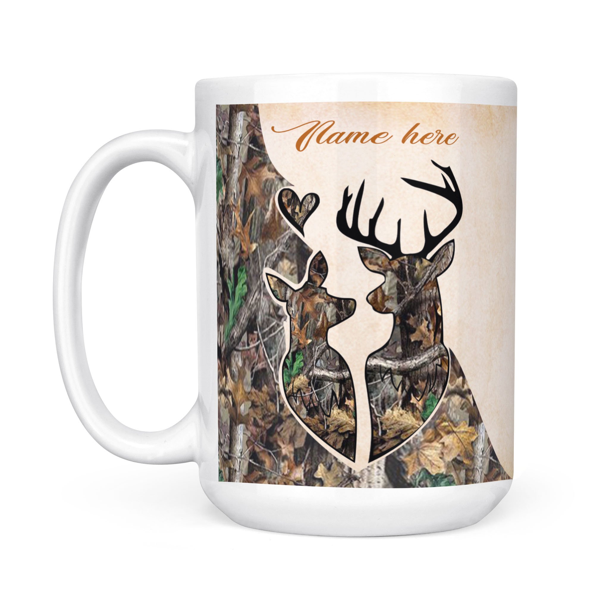 Custom name Love story deer hunting camo white mug, valentine gift for him, for her, husband and wife hunting 11oz 15oz mug D06 NQS1240