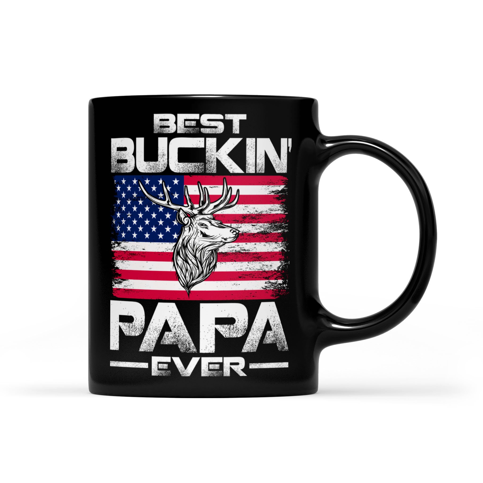 Deer Hunting Best Buckin Papa Ever USA Flag – Black Mug