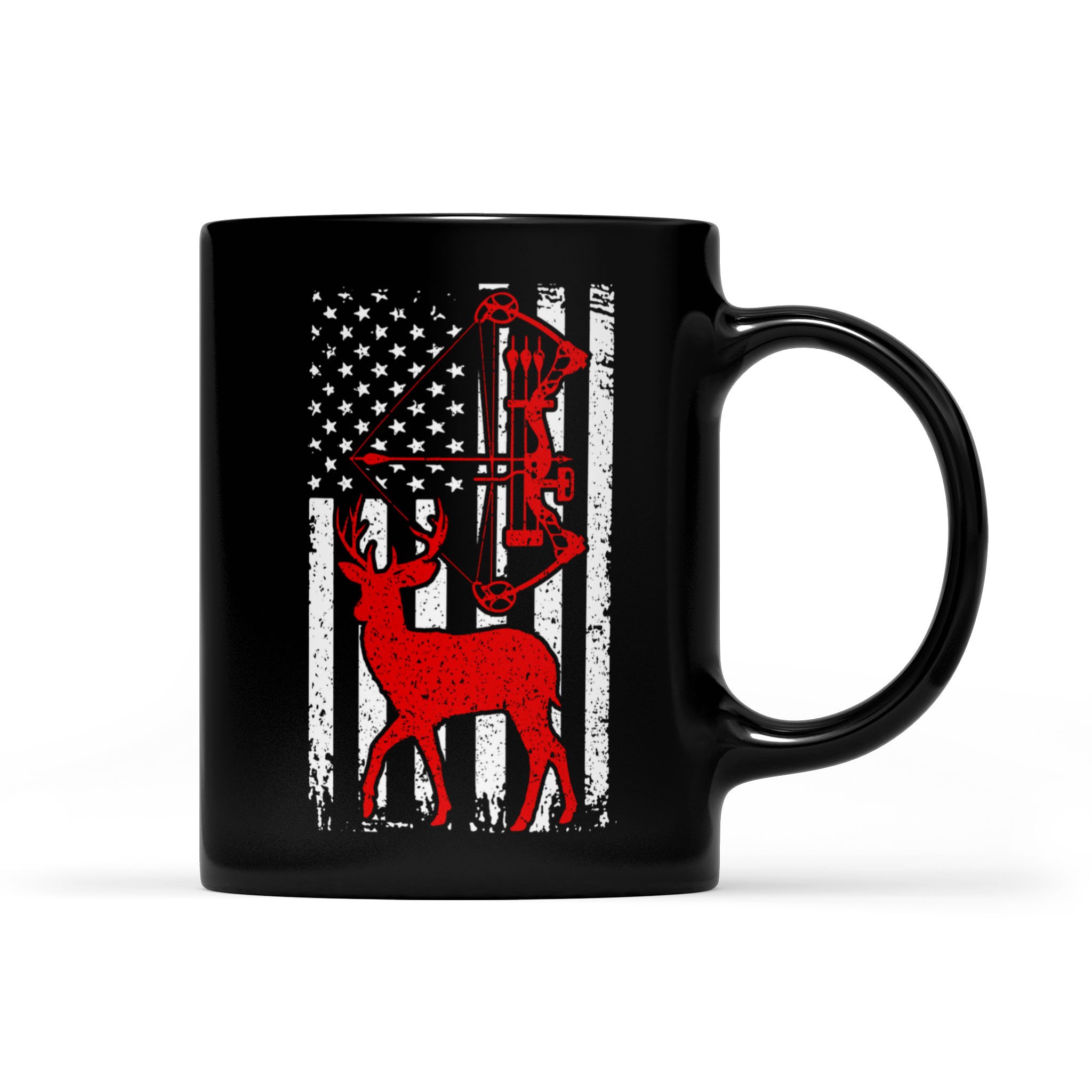 Funny Gift Idea Bow Hunting Deer American Flag – Black Mug