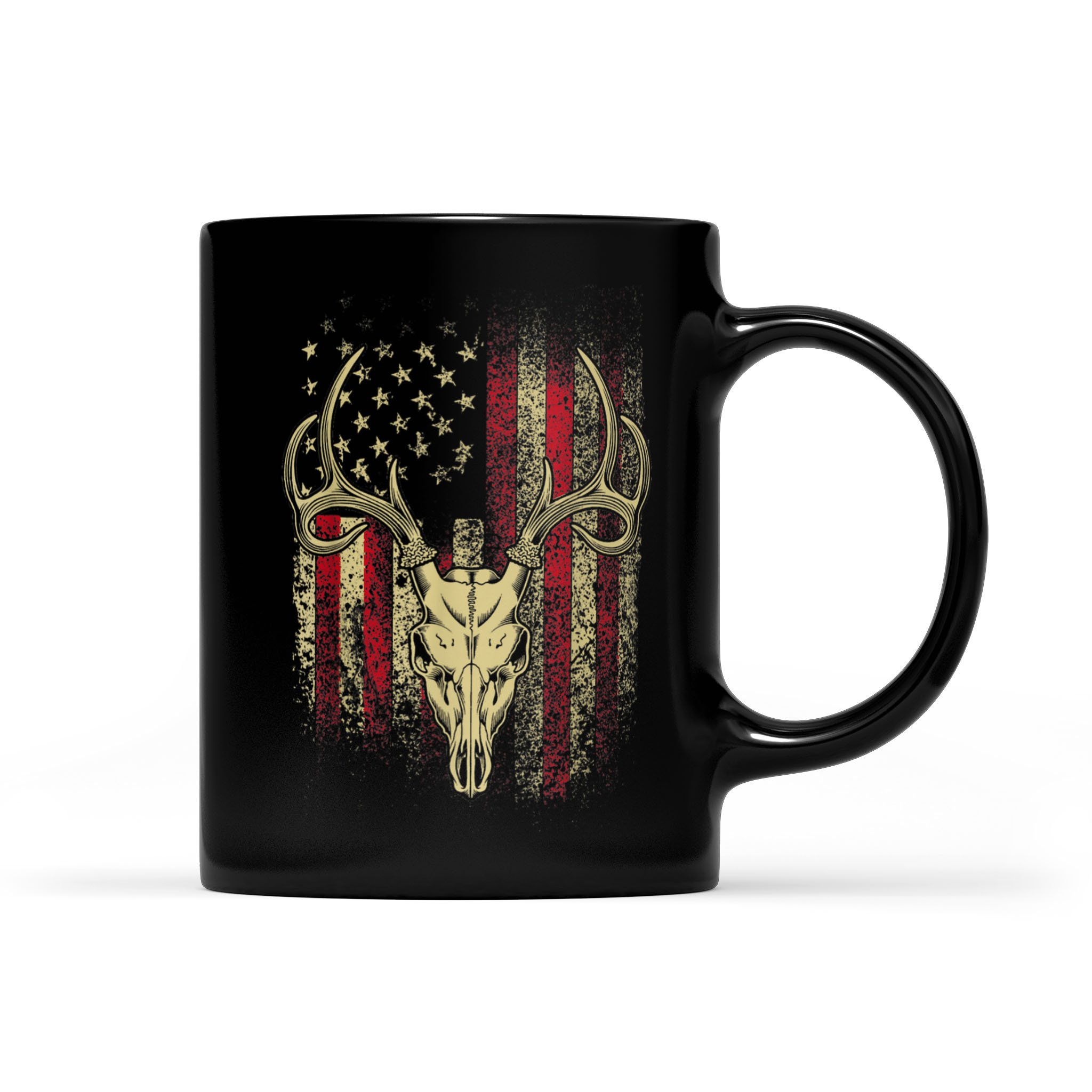 Hunting Gift Deer Hunters Deer Skull On American Flag – Black Mug