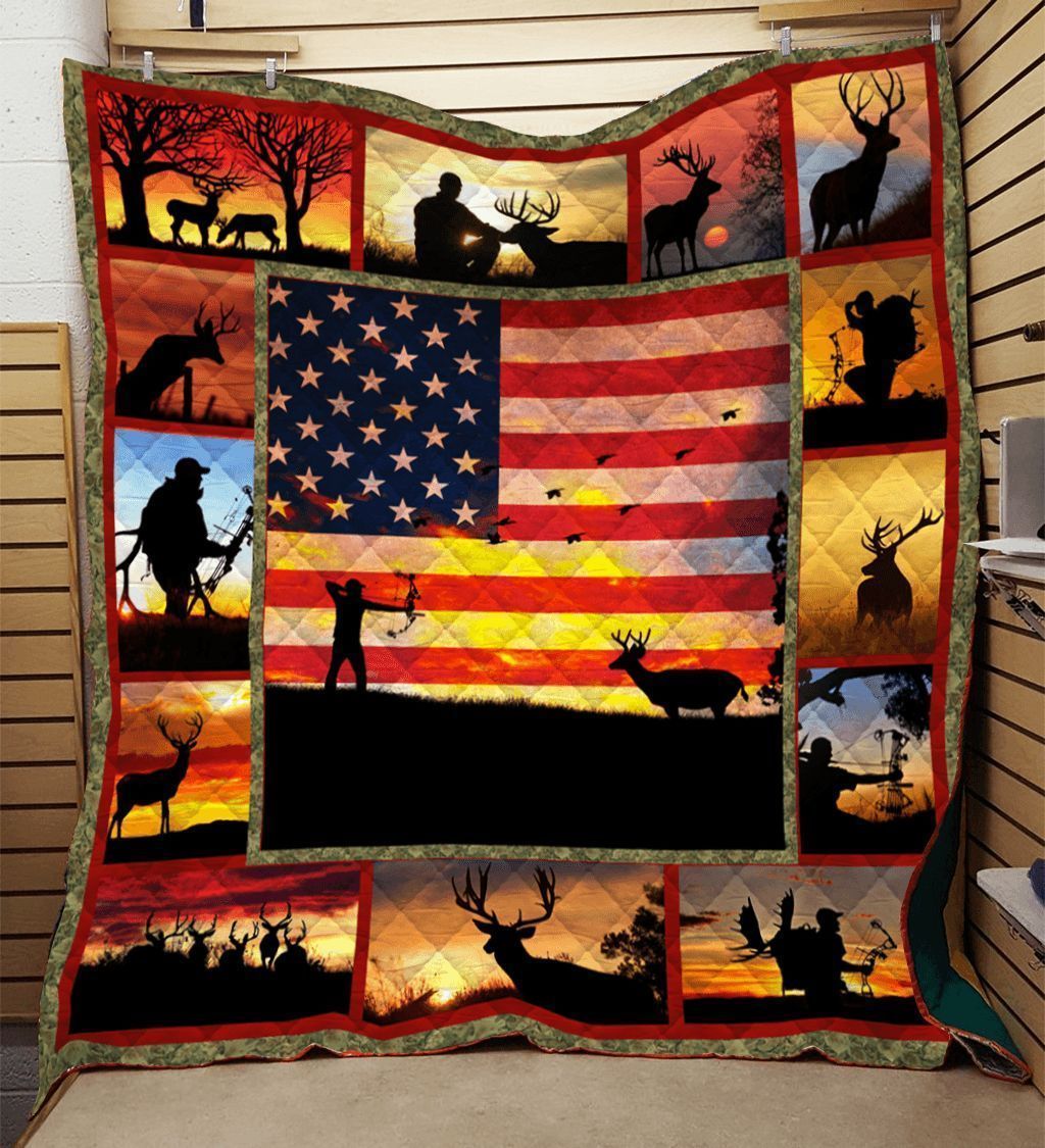 Deer Hunting Sunset American Flag Quilt Tufhs