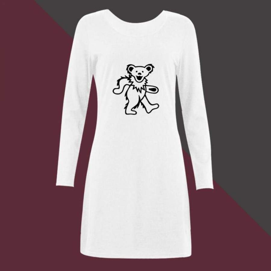 Black White Grateful Dead Bear Women Long Sleeve Nightdress | Teesmarvel