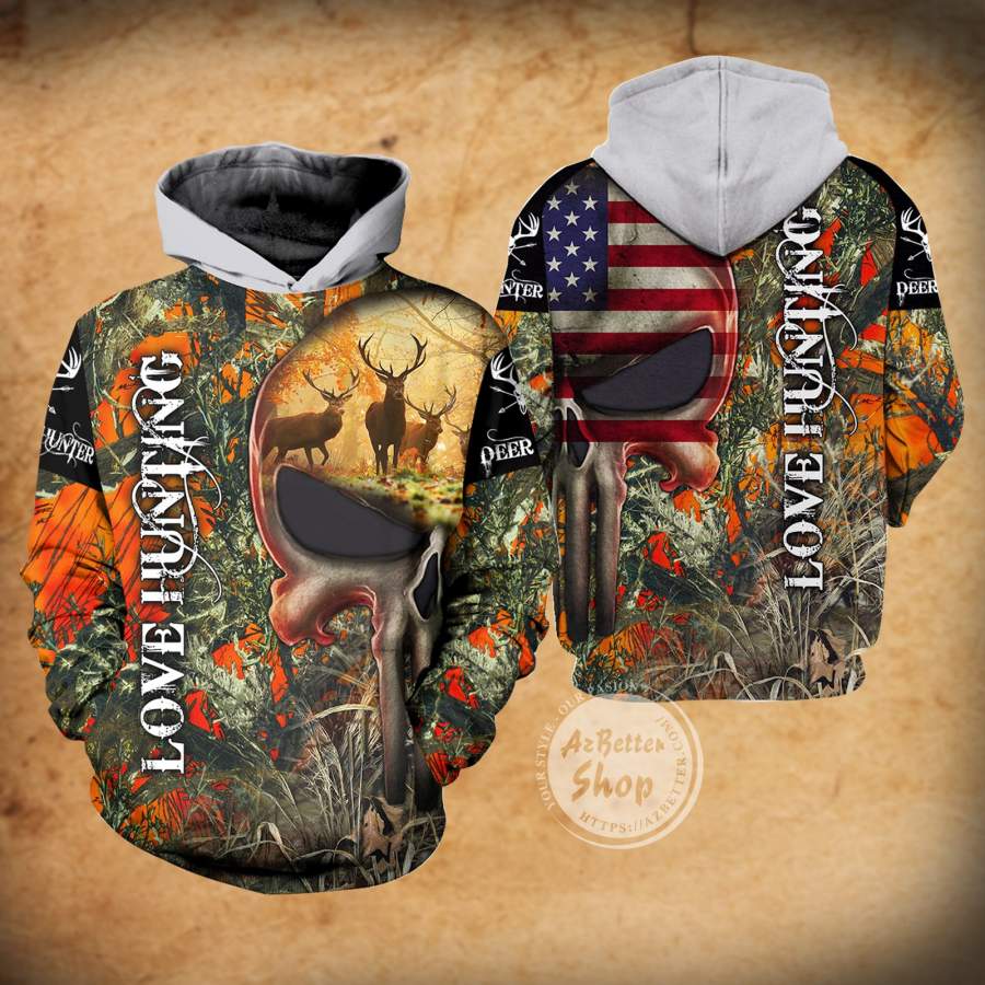 Hunting Love Skull USA 3D Hoodie