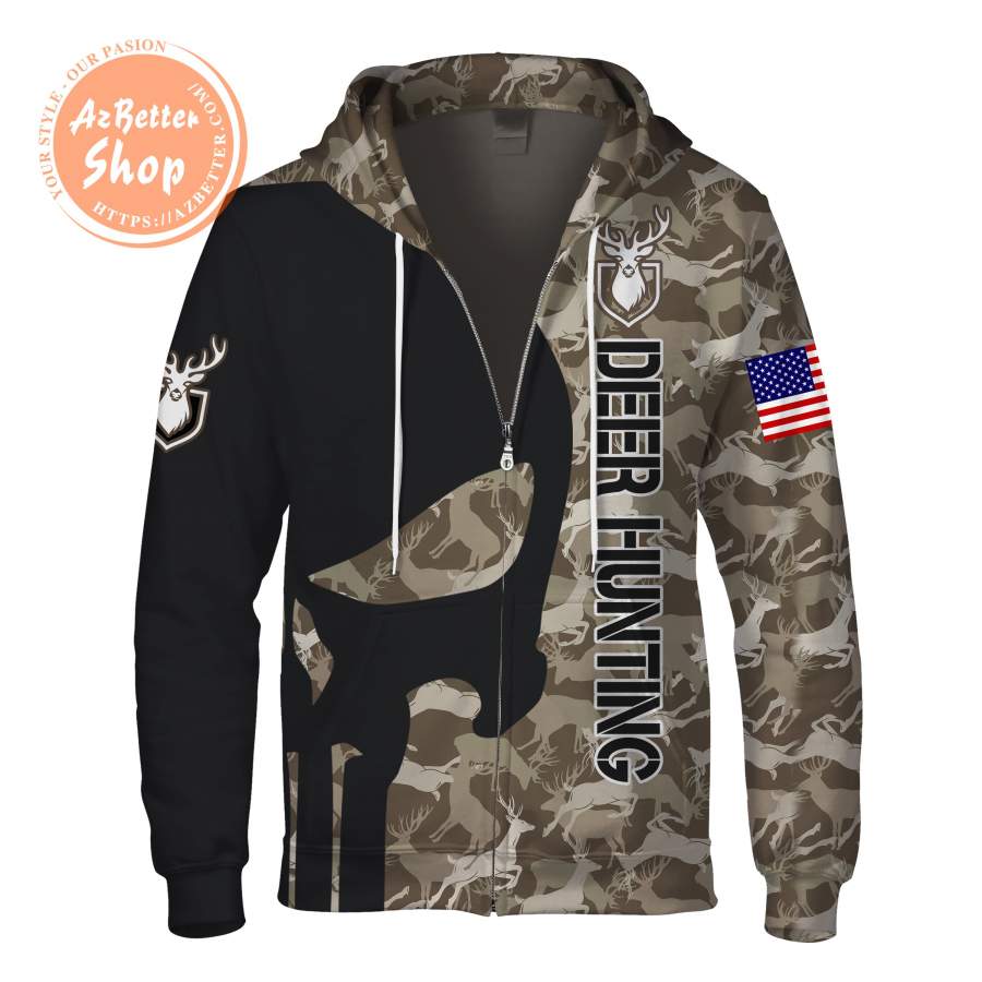 Hunting Deer Skull USA Zipper 3D Hoodie