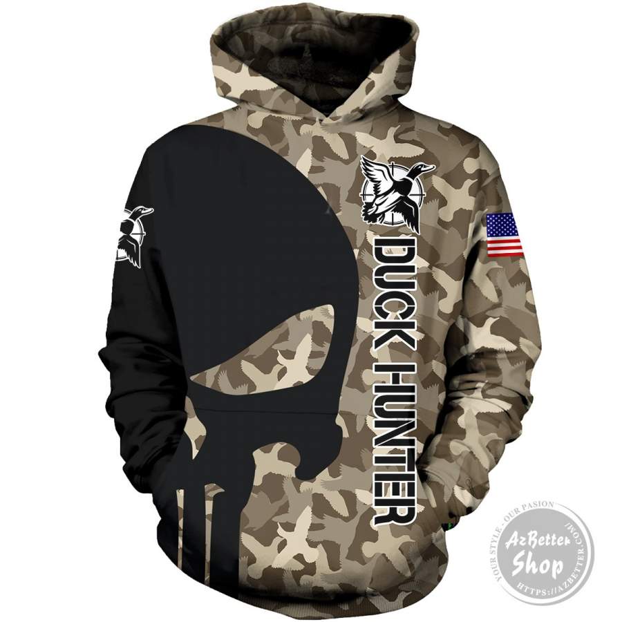 Hunt Duck Hunting Skull USA 3D Hoodie