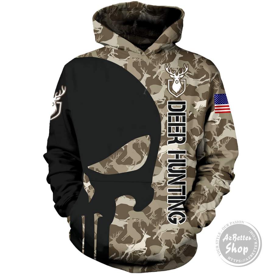 Hunt Deer Hunting Skull USA 3D Hoodie