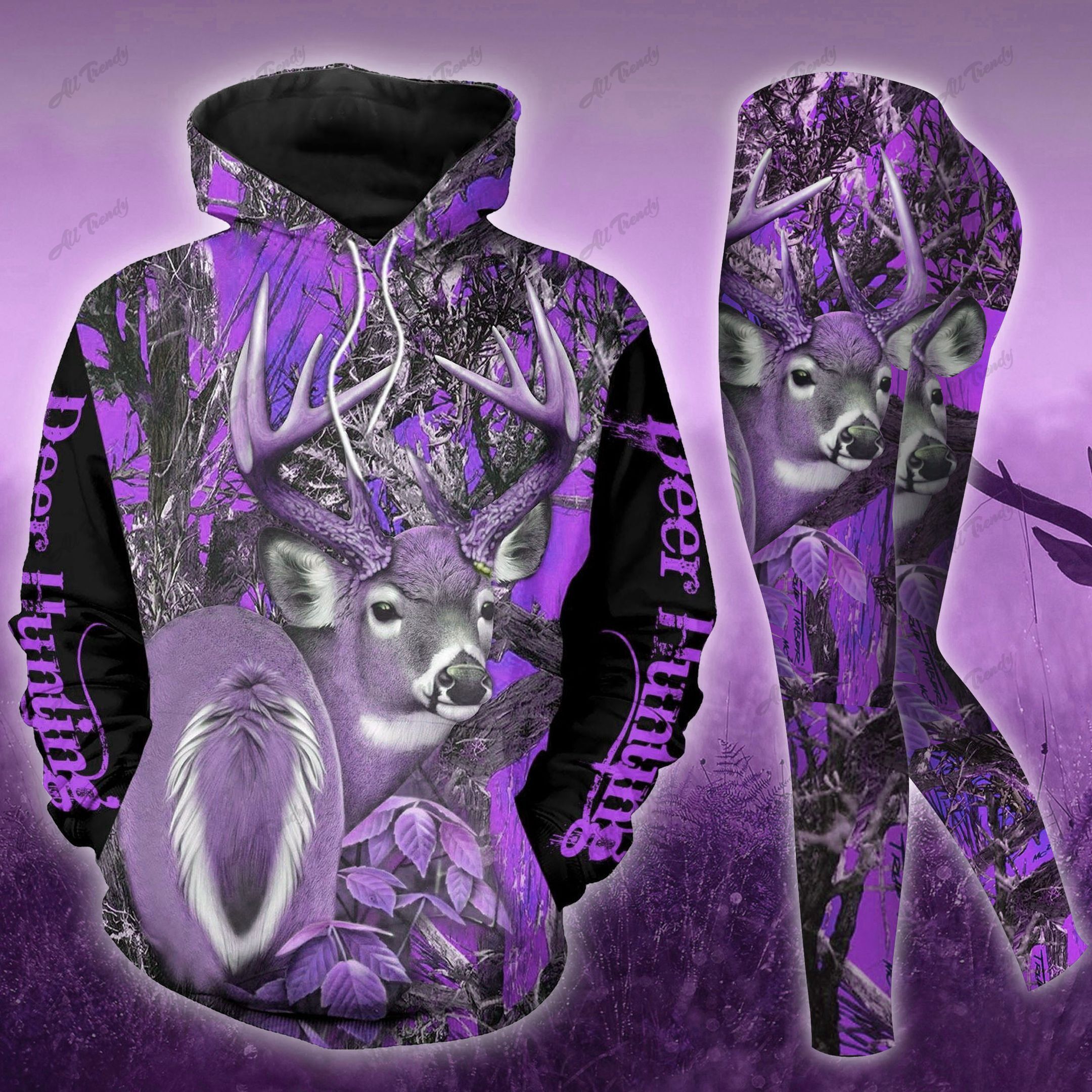 Deer Hunting Hoodie Set Purple Camo White Tail Deer