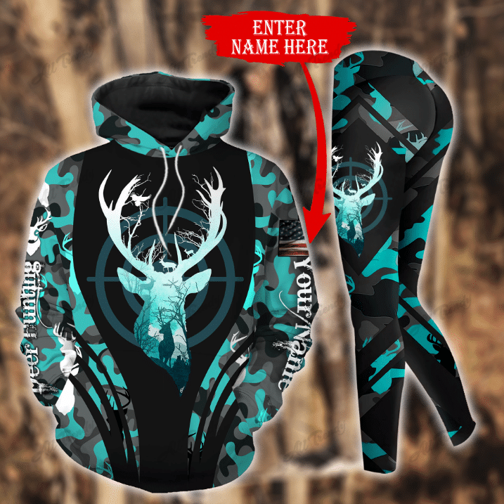 Deer Hunting Target Hoodie Set Cyan Camo Custom Name