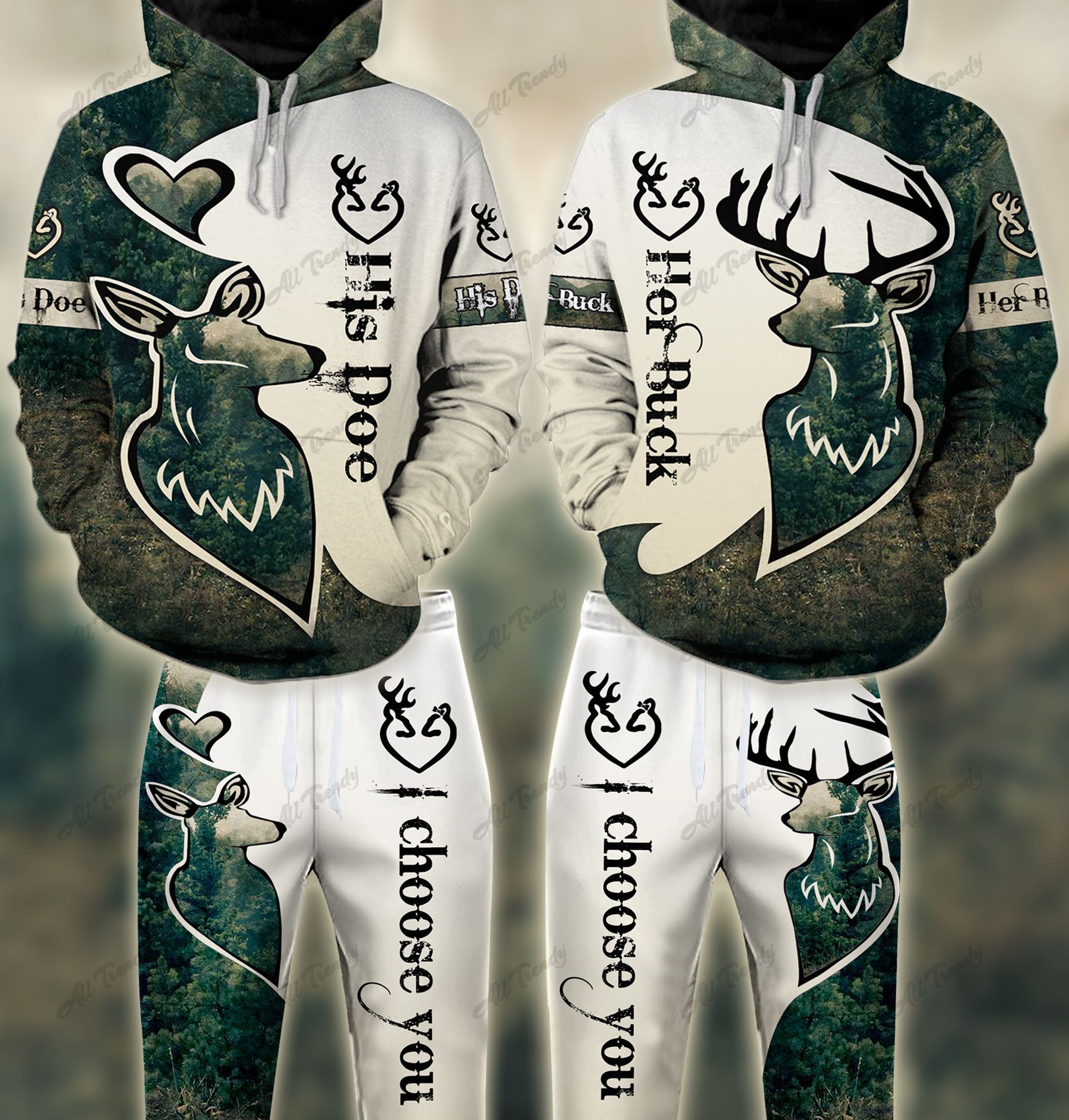 Buck n Doe Deer Hunting I Choose You Hoodie Combo Green Brown