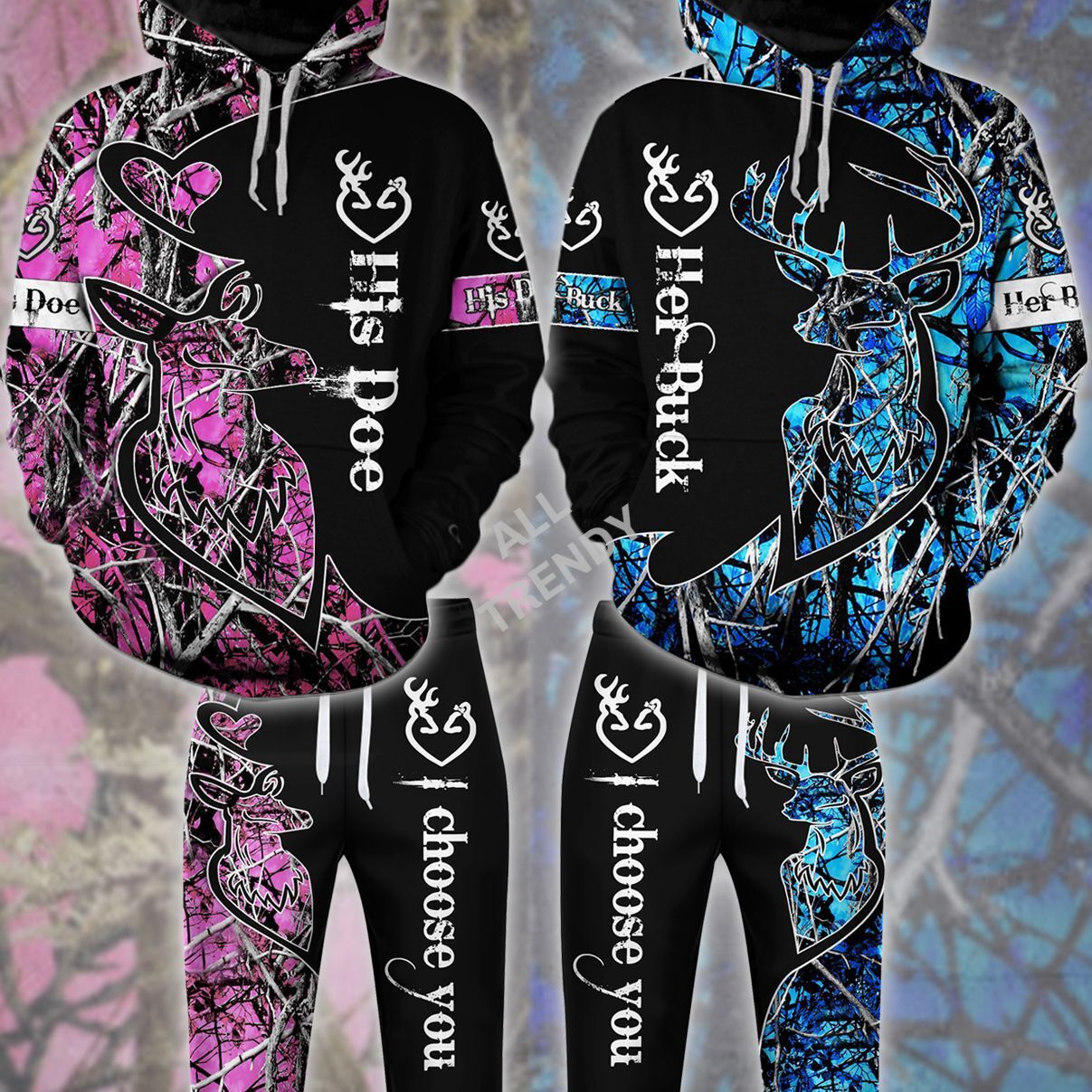 Buck n Doe Deer Hunting I Choose You Hoodie Combo Blue Pink Black