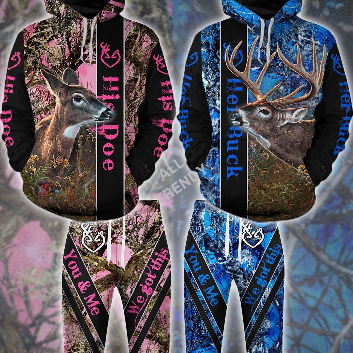 Buck n Doe Deer Hunting You & Me Got This Hoodie Combo Blue Pink